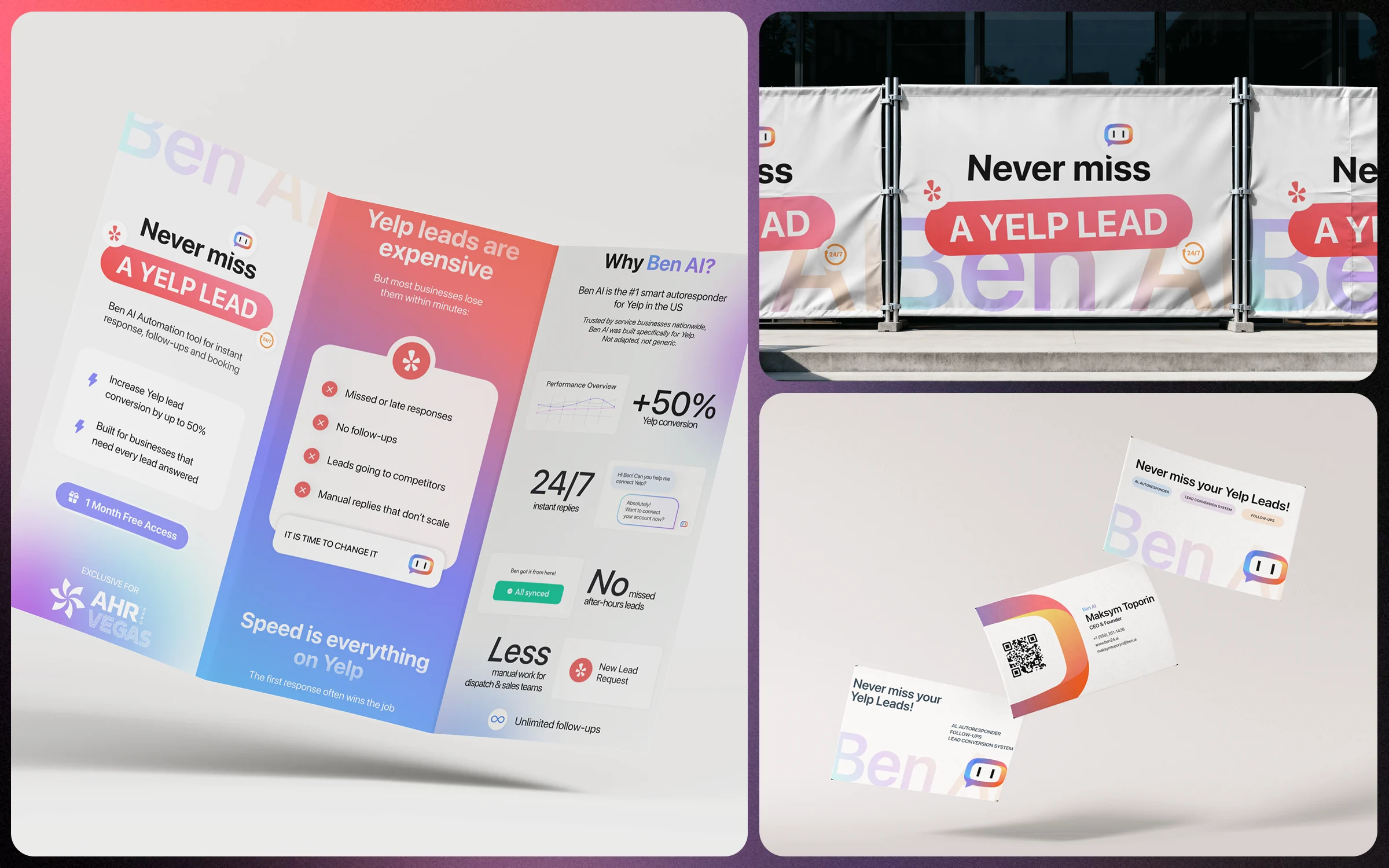 Ben AI print: a brochure, an event banner and business cards