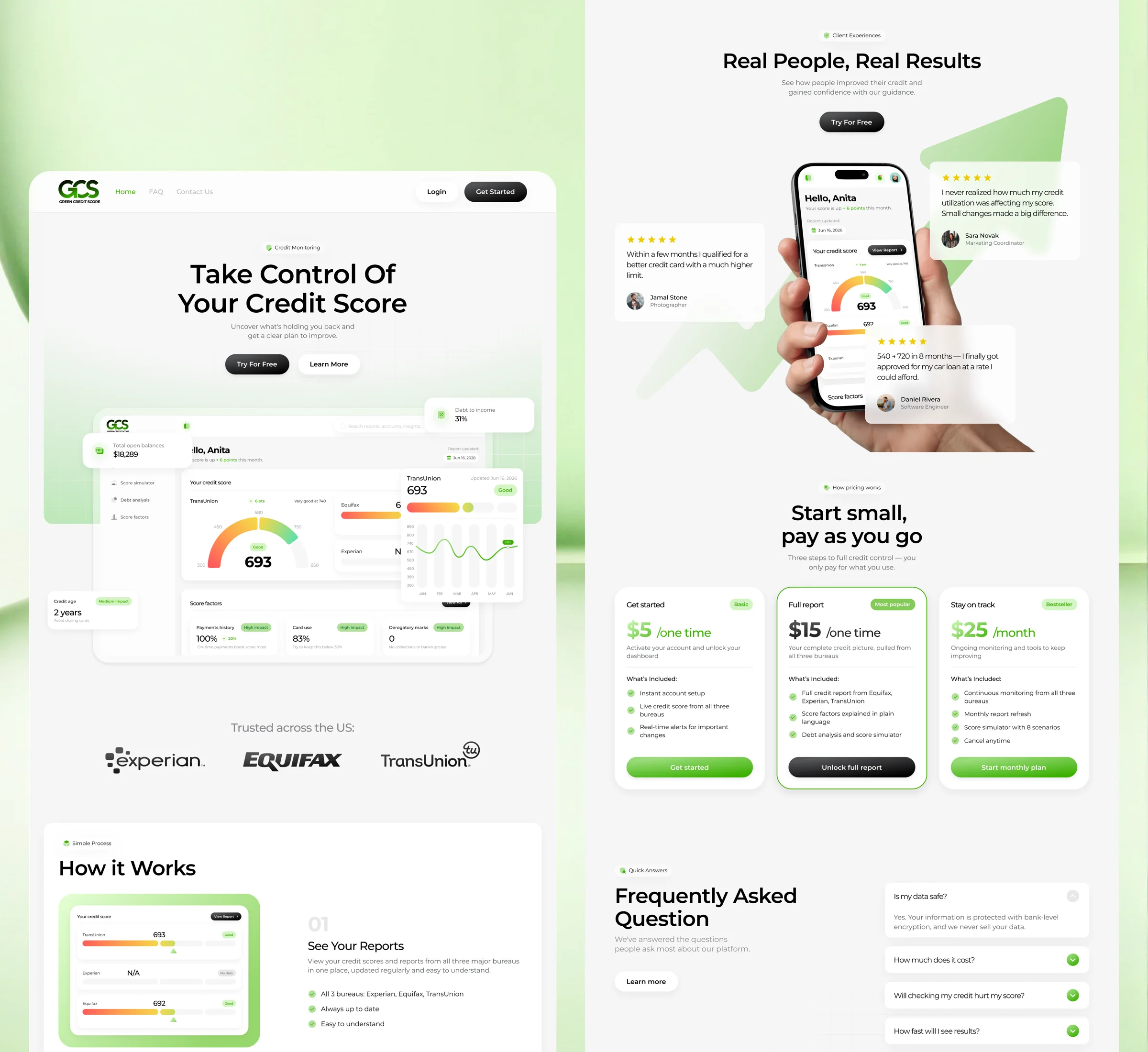 The landing page: hero, reviews, pricing and FAQ