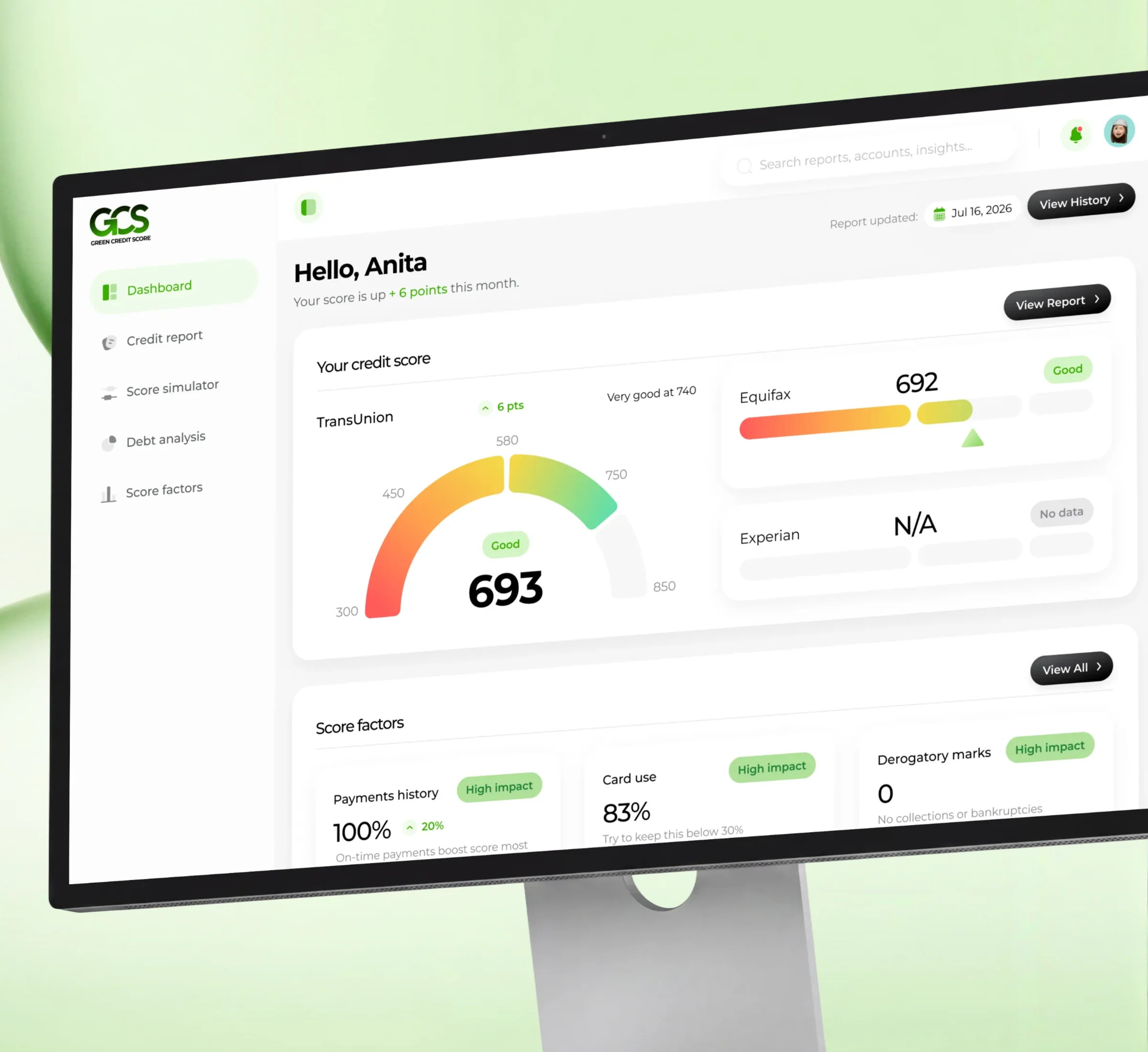 Green Credit Score dashboard on a monitor