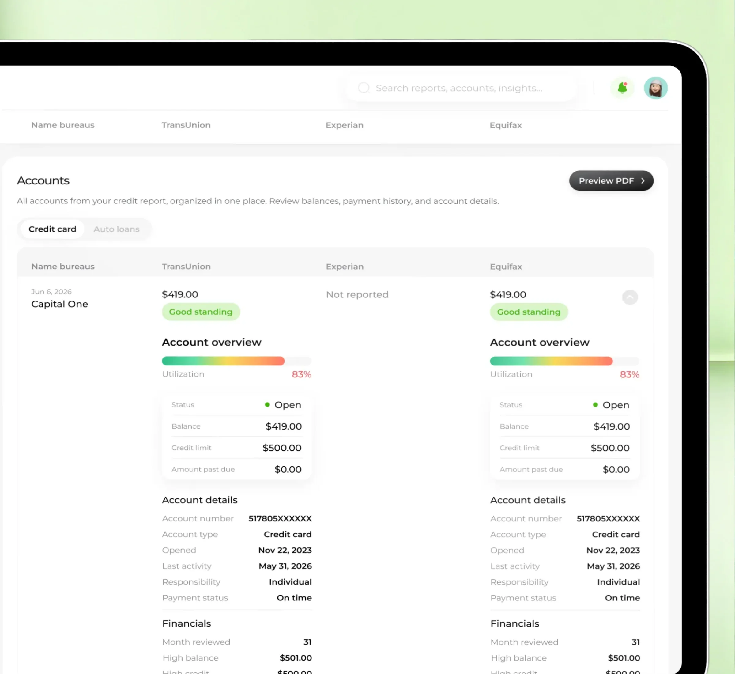 The accounts report compared across bureaus
