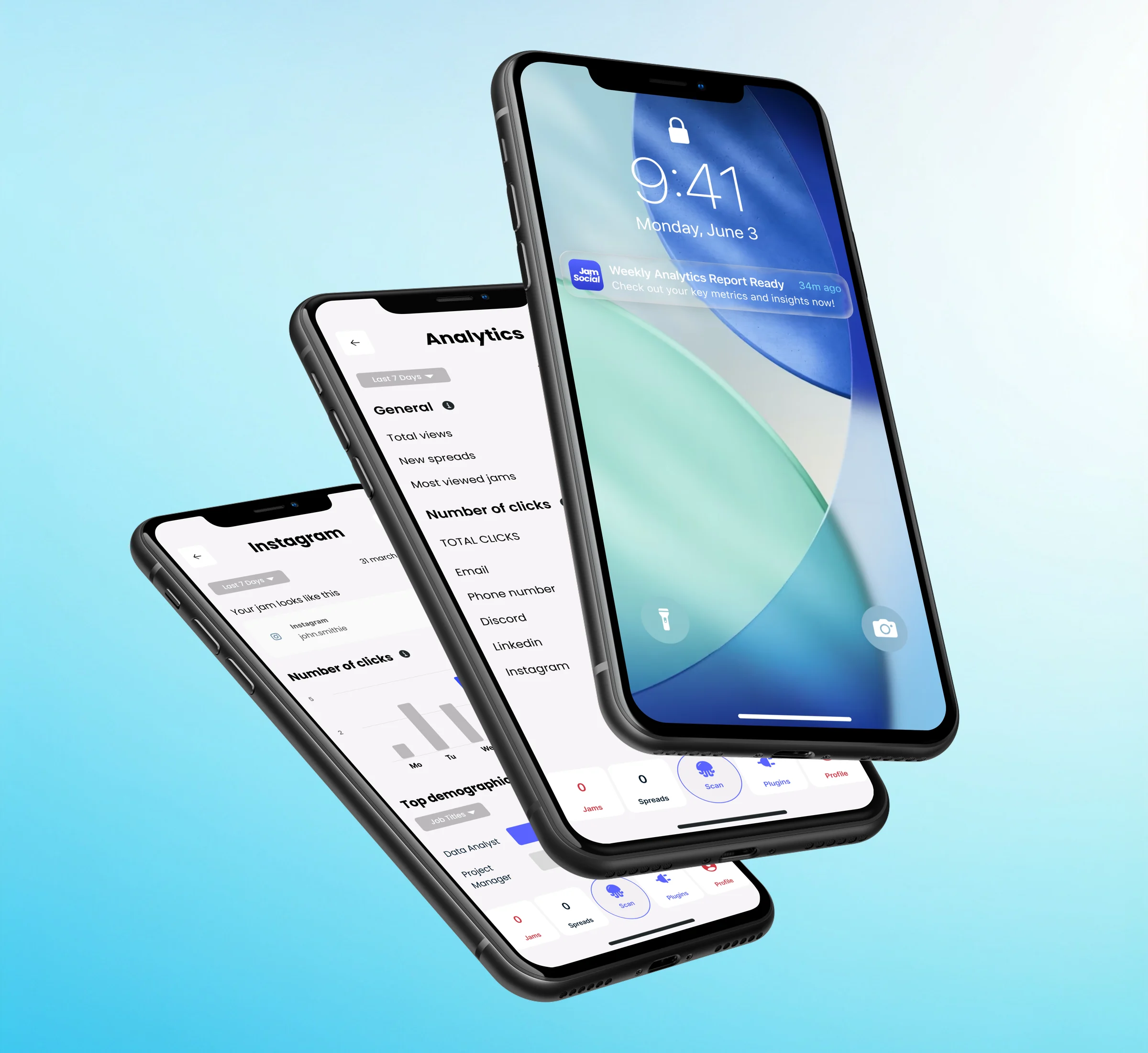 Jam Social on three phones: the weekly analytics notification, the Analytics screen and the Instagram clicks screen