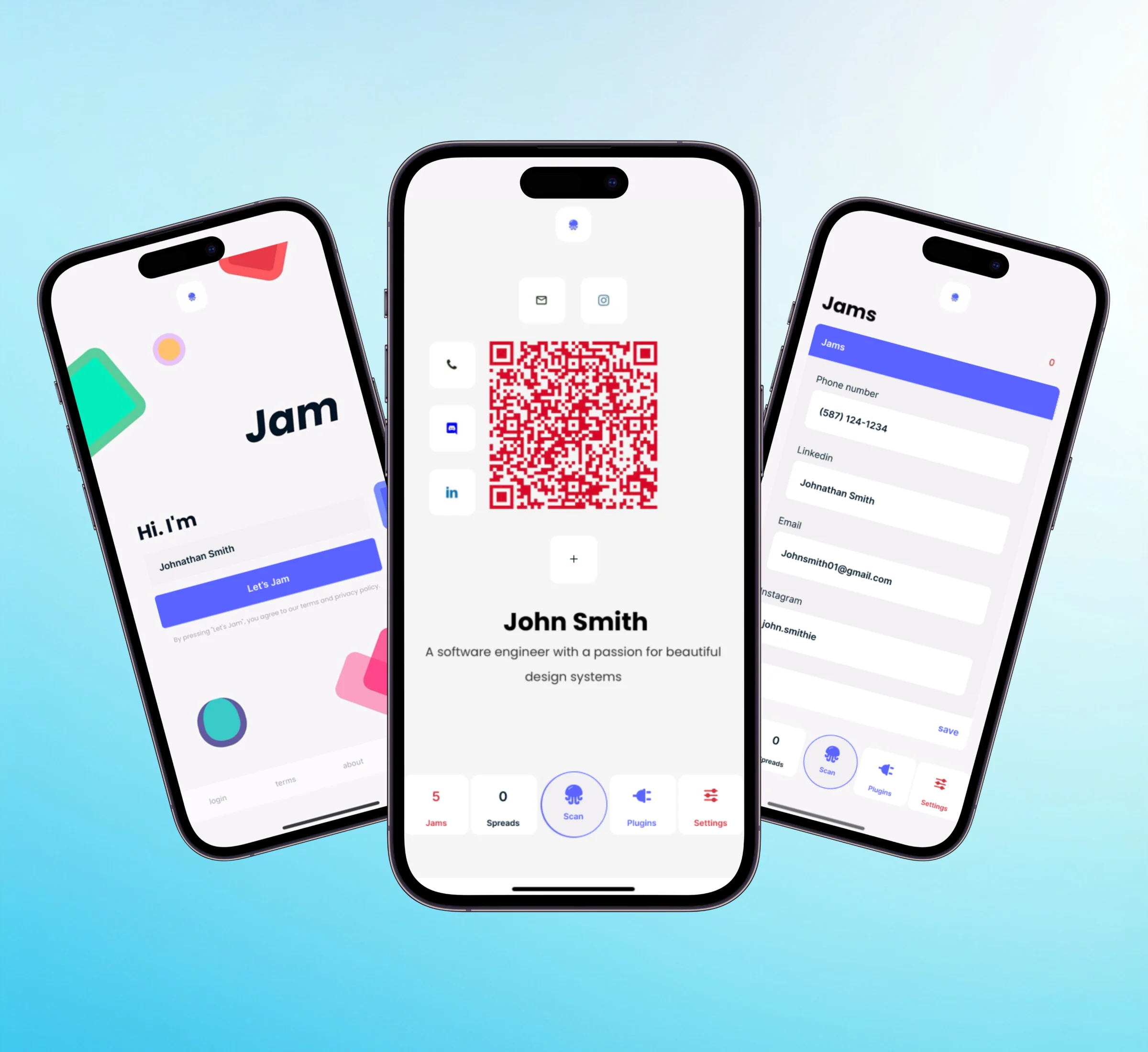 The existing Jam Social app: sign-up, the QR code card and the Jams form