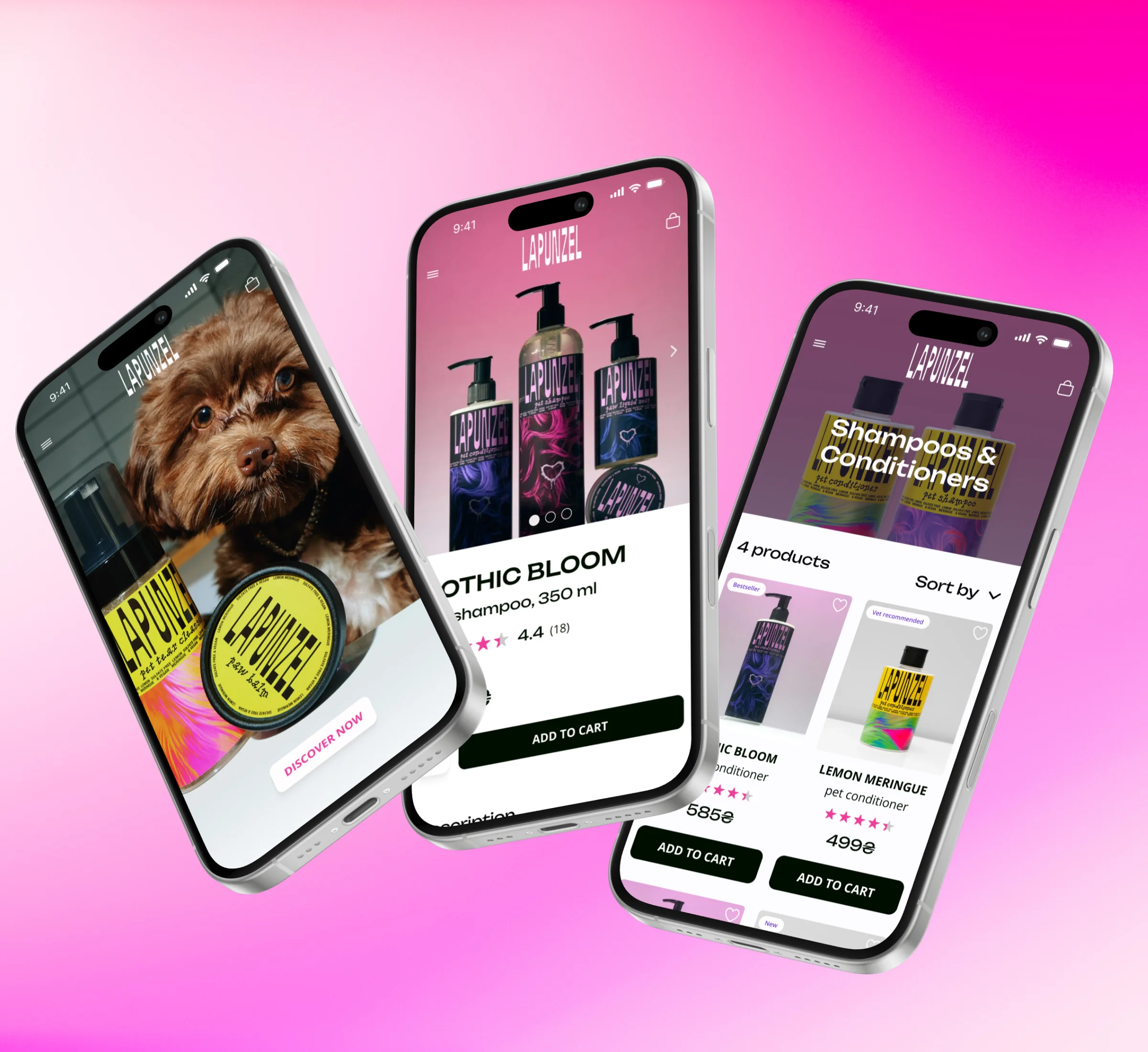 Lapunzel mobile site: the home hero, a product page and the shampoos and conditioners list