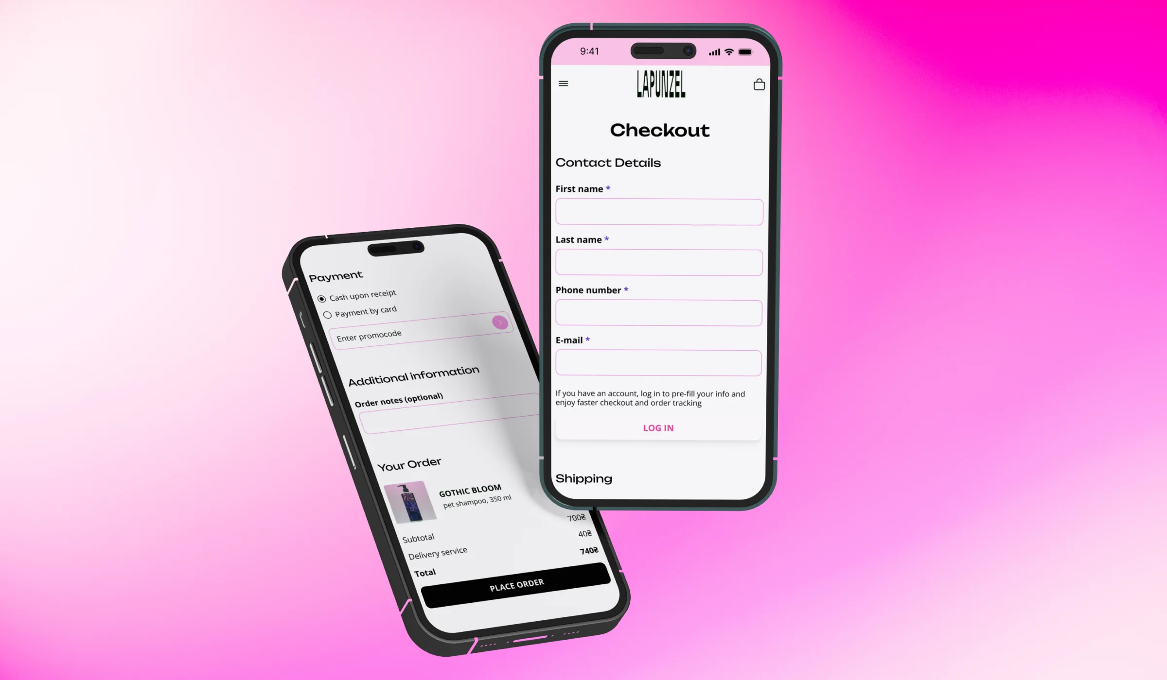 Checkout with payment, order summary and log in