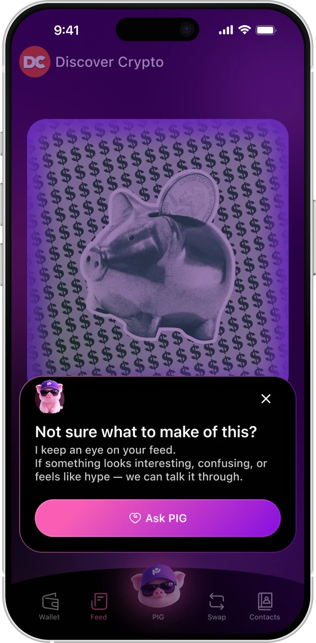 Three screens: a pop-up in the Feed introduces PIG, PIG answers with an article card, and the article opens in the Feed.