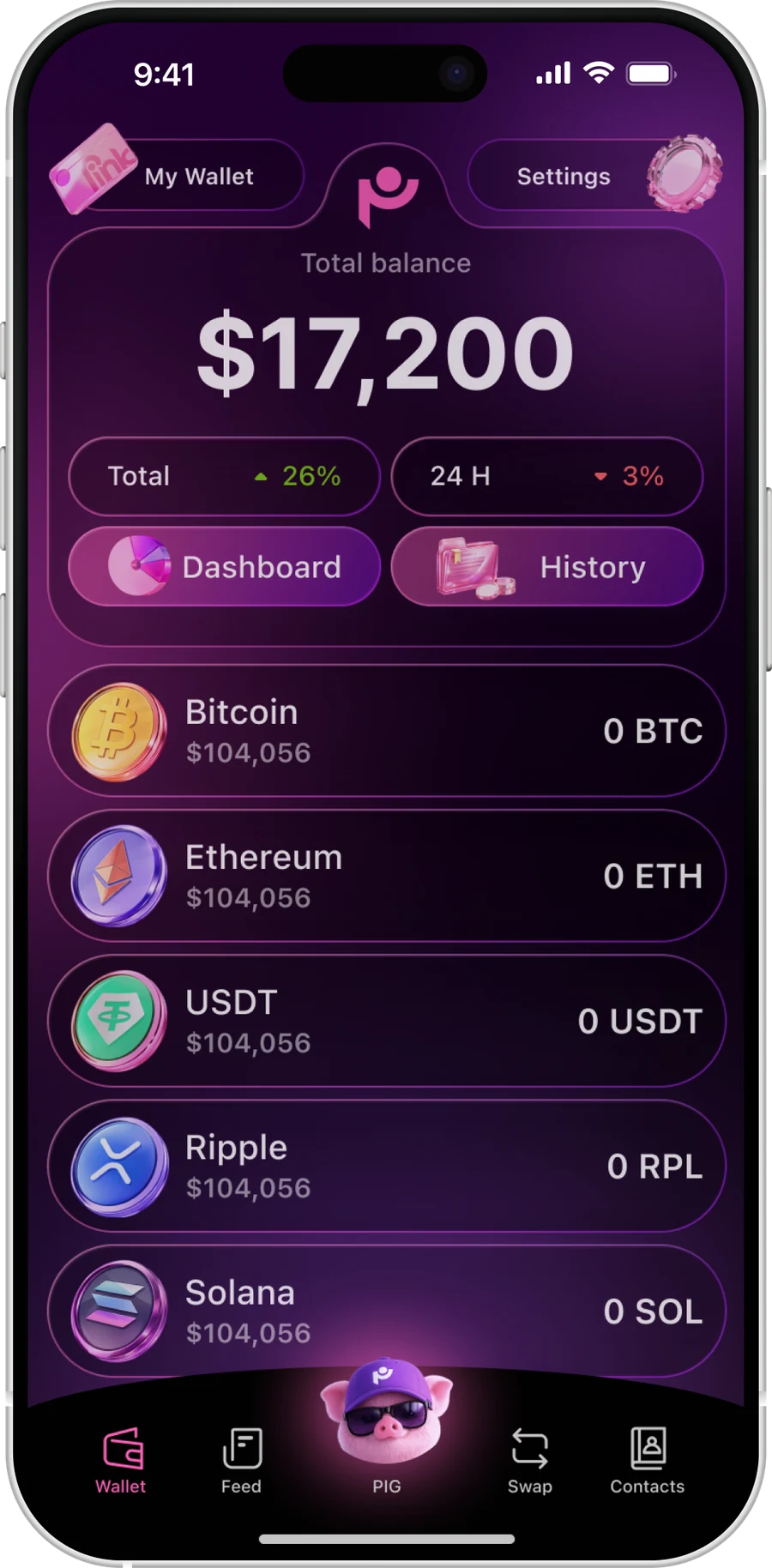 The PinkWallet home screen in the dark and the light theme