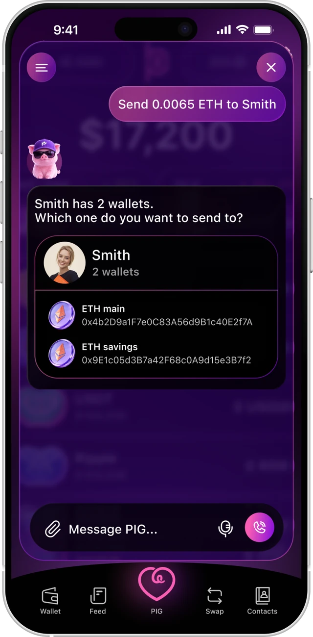 PIG chat: the user asks to send ETH to Smith, PIG asks which of two wallets, shows a send preview, and the user confirms.