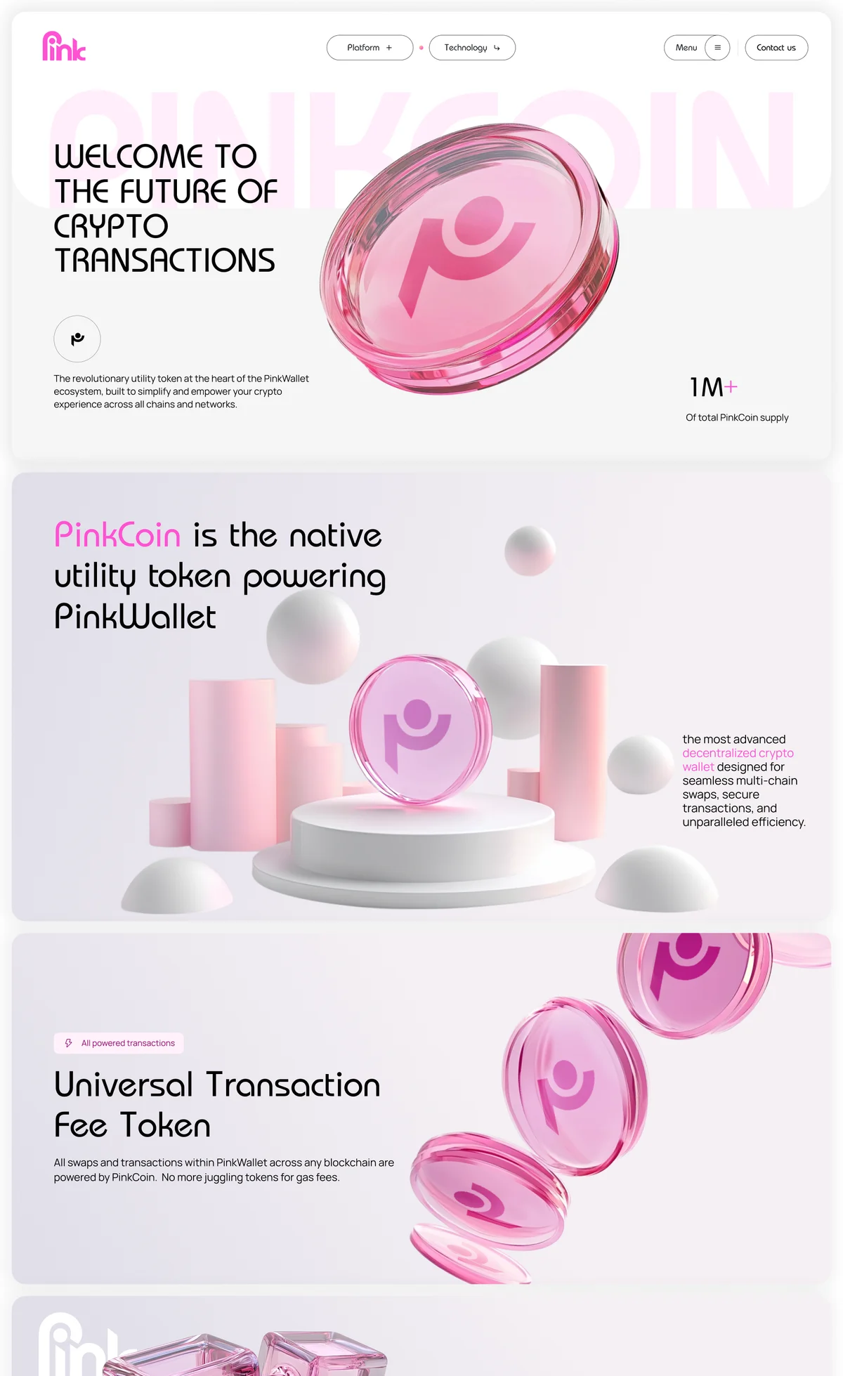 The PinkCoin token website from the first project, and the first concept of the wallet screen