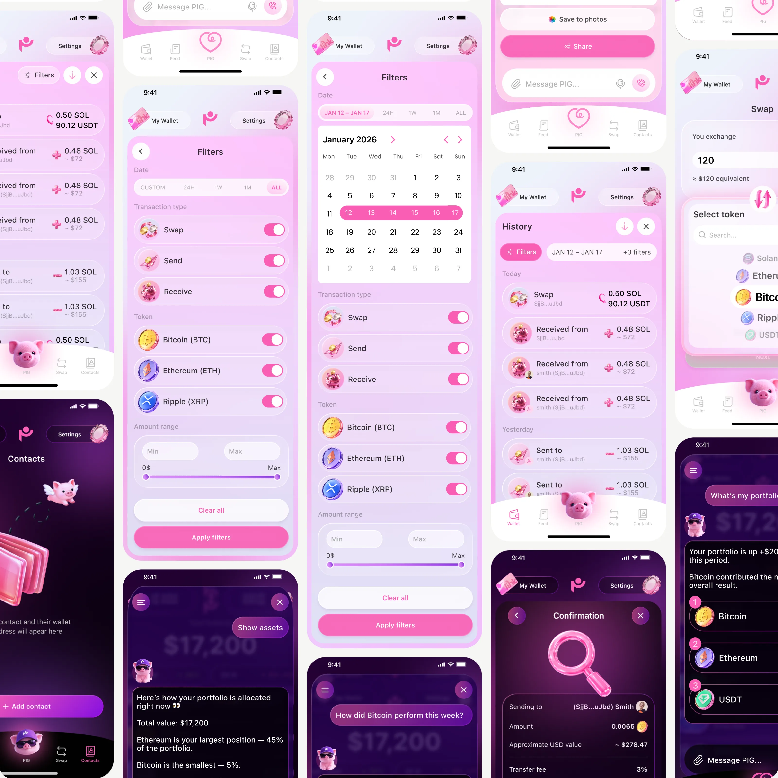 A board of PinkWallet screens in light and dark: filters, transaction history, the PIG chat, a transfer confirmation, swap and contacts.