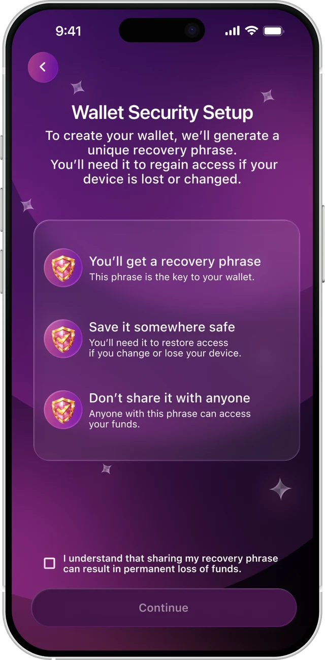 Three wallet setup screens: three warnings with a confirmation checkbox, the 12-word recovery phrase, and PIN creation.