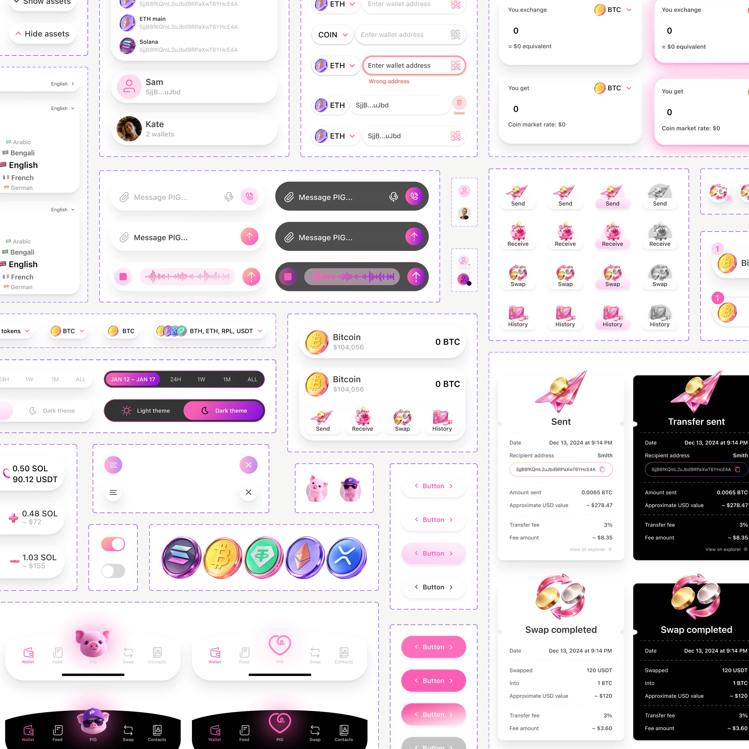 The PinkWallet interface components in one canvas: inputs, chips, buttons, navigation, 3D coins and transaction receipts in light and dark.