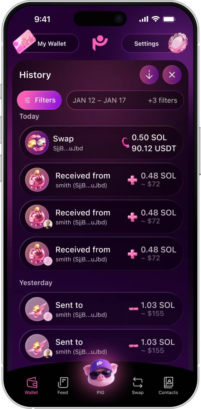 Three key PinkWallet screens: transaction history, choosing an amount to send, and swap.